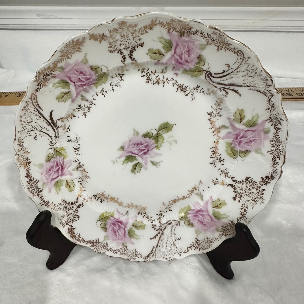 Antique C.T. Germany Porcelain Plate Pink Roses Gold Filigree Scalloped 7.25 in